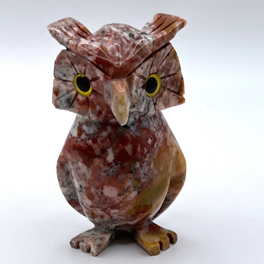 Unbranded Stone Owl Figurine 2.75in Red White Excellent Hand Carved Jasper Decor